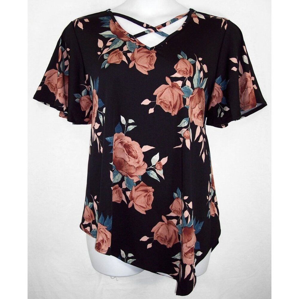 NEW Avenue 22/24 Floral Asymmetrical Short Flutter Sleeves Top - Picture 4 of 14